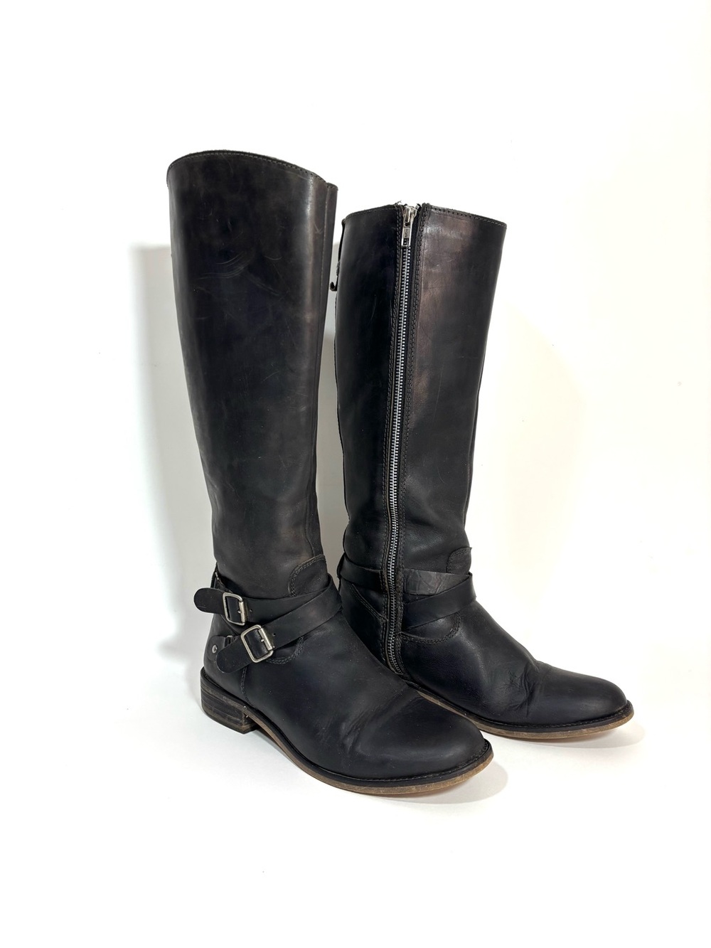 Hinge Devin Black Leather Tall Riding Boots Double Ankle Buckle Harness Sz 9.5